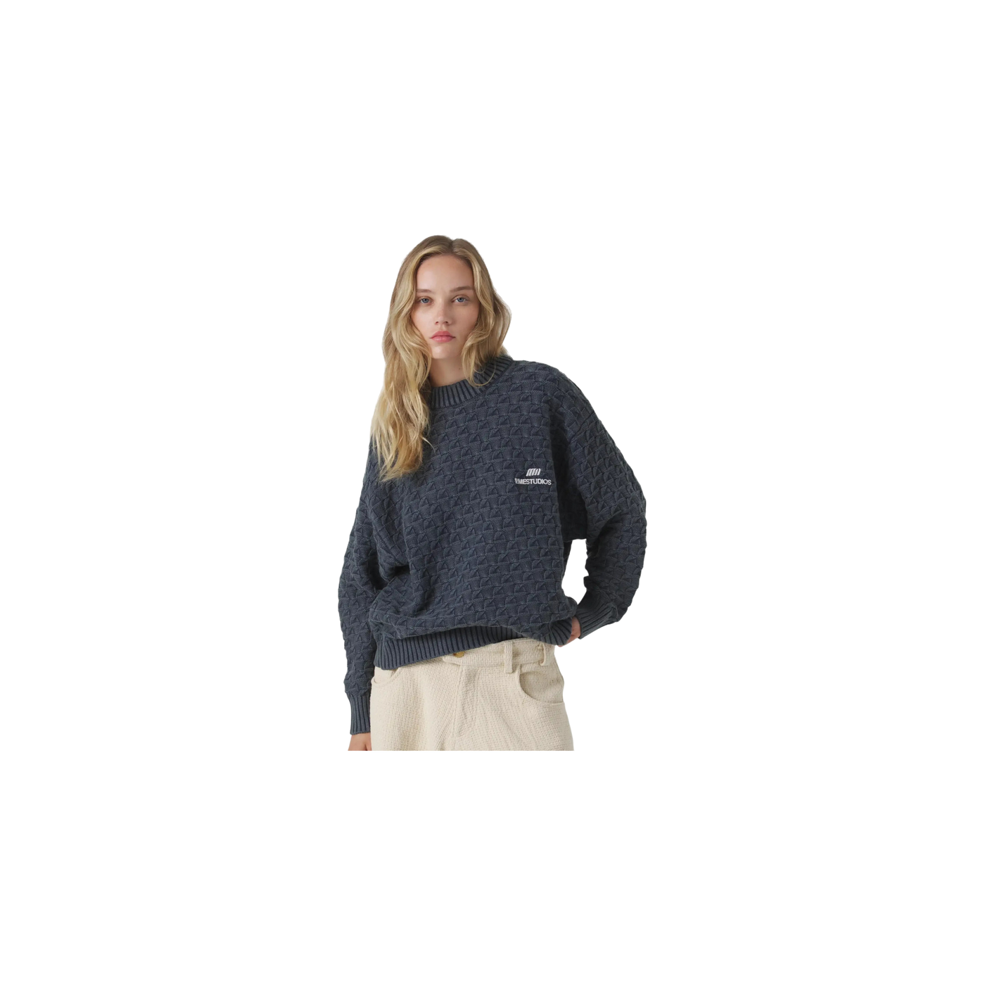 Eme Studios Grid Navy Cable Knit Sweater
