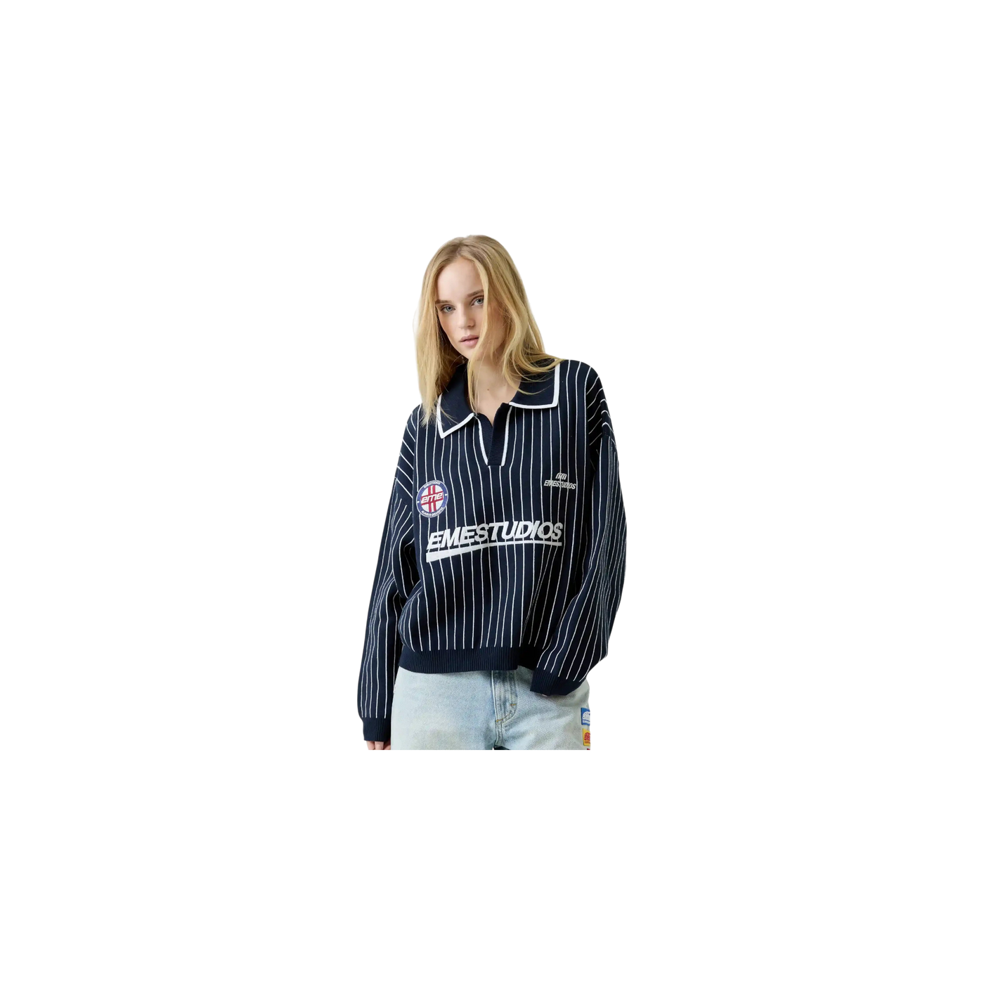 Eme Studios Pinstripe Navy Knit Polo