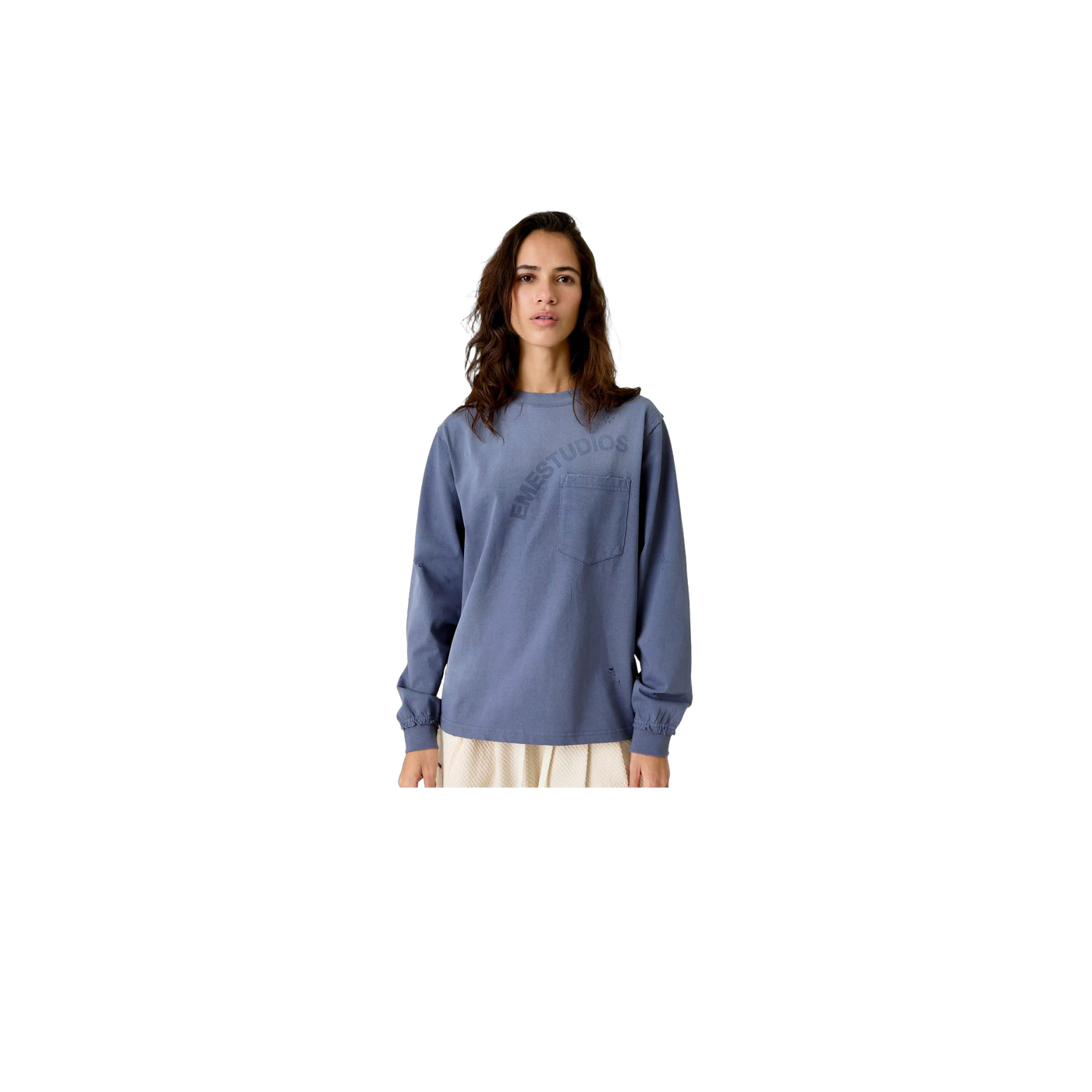 Eme Studios Frayed Pocket Navy Long Sleeve