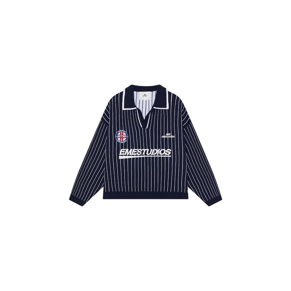 Eme Studios Pinstripe Navy Knit Polo